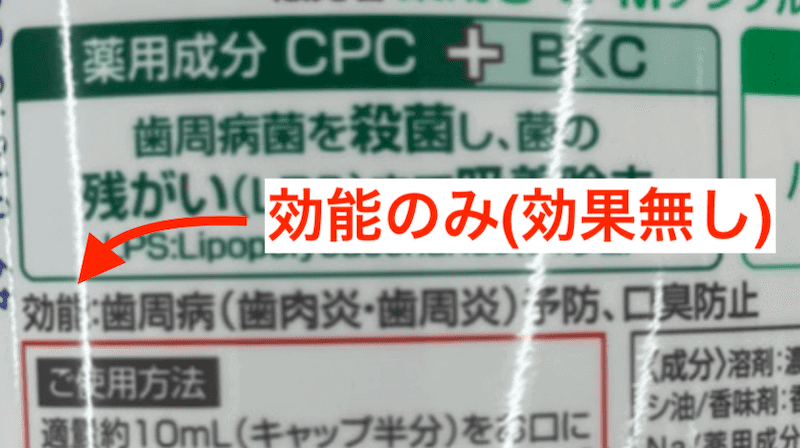 ドラッグストアの市販品によくある効能のみの商品例