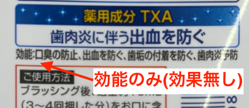 ドラッグストアの市販品によくある効能のみの商品例