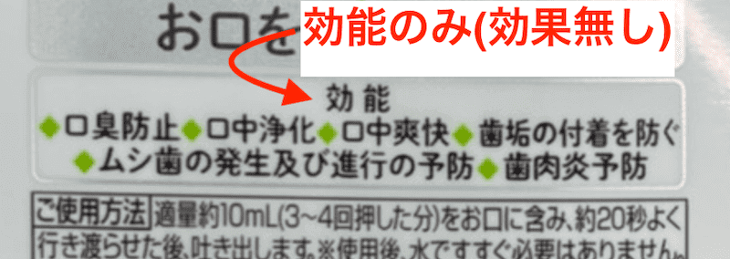 ドラッグストアの市販品によくある効能のみの商品例